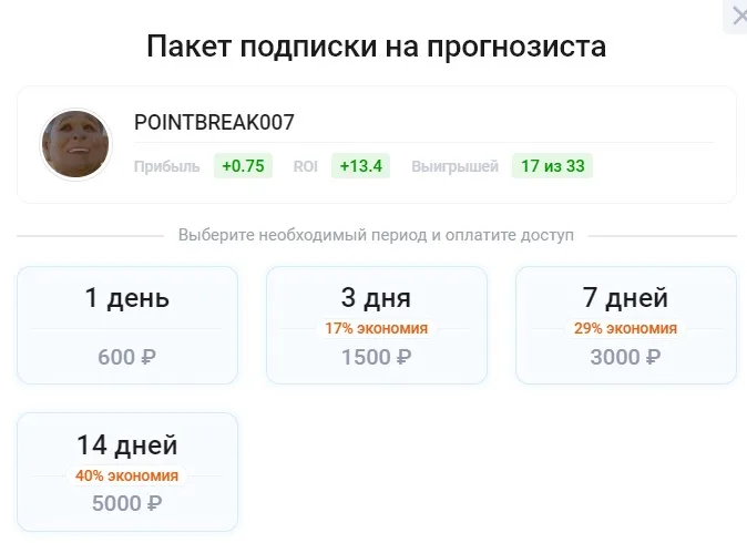 Стоимость прогнозов от каппера POINTBREAK007